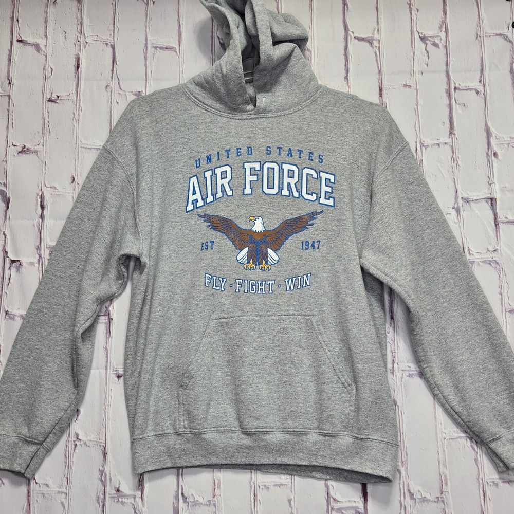 Y2K Gildan Heavy Blend US Air Force Hoodie Gray Fly Fight Win Eagle Graphic Sz S